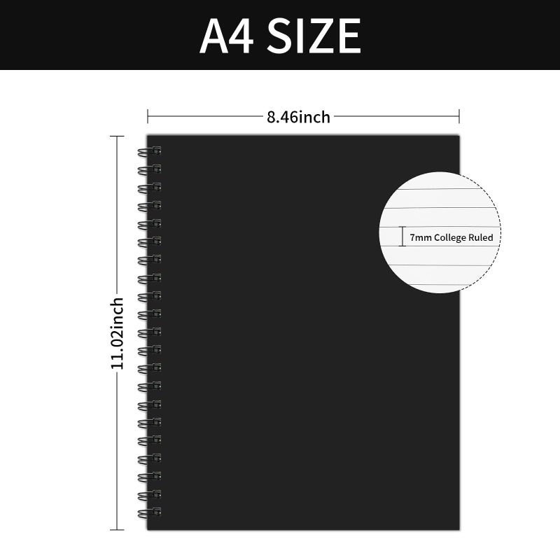 Ouzoustate Lined Spiral Notebook A4 Large Black Journal 8.5"" x 11""-4 Pack 7mm College Ruled Hardcover Notebooks 160 Pages 100GSM Thick Paper for Note Taking School Office Supplies - Image 2